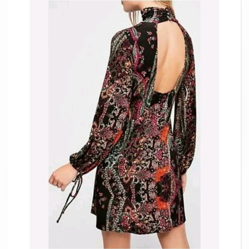 Free People Mock Neck Open Back Balloon Sleeve All Dolled Up Mini Dress Sz XS